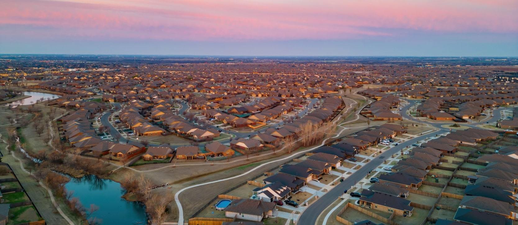 Aerial view over a residential neighborhood in Oklahoma City